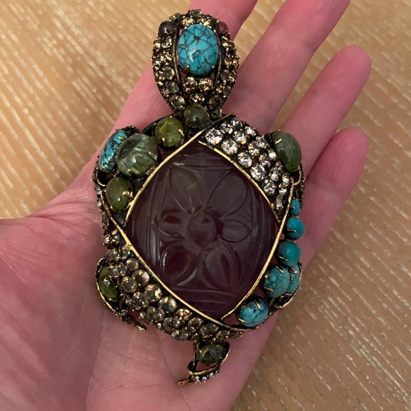 IRADJ MOINI Turtle Gemstone Brooch Pin Pendant 3.75" - Picture 8 of 10